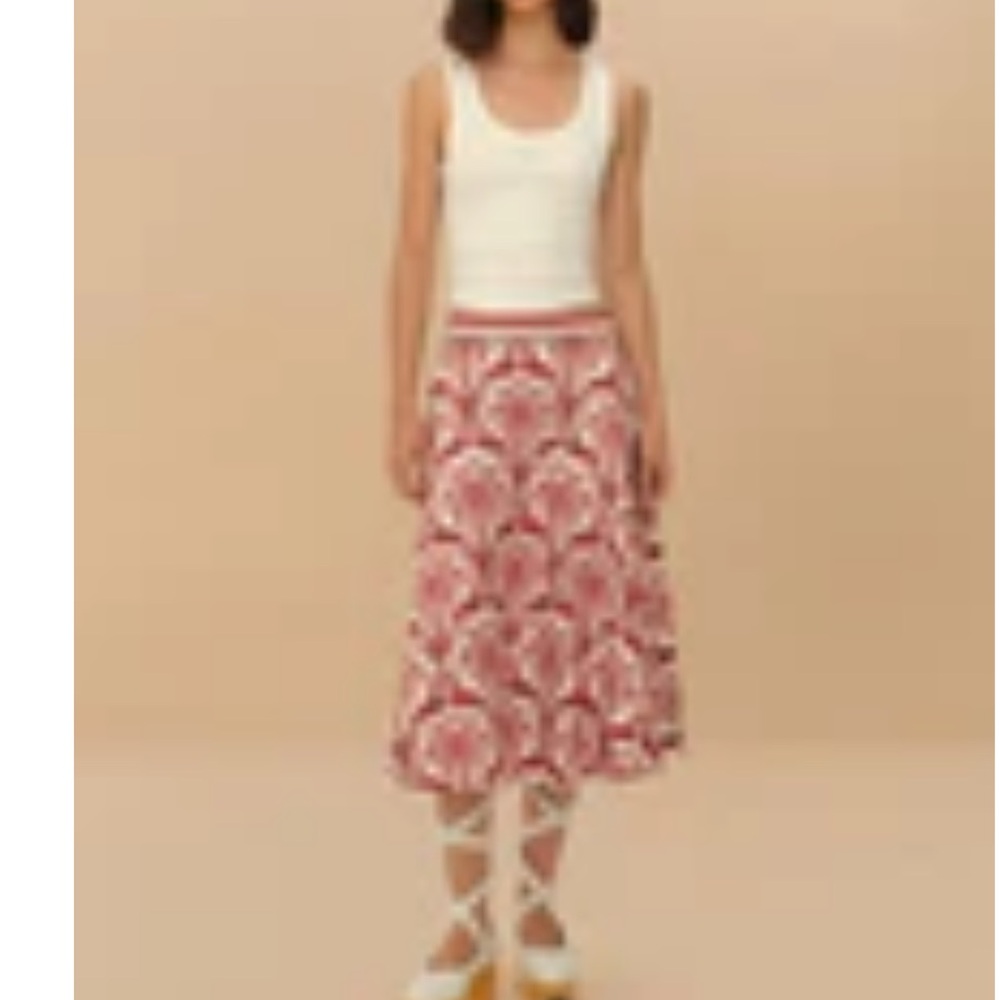 FARM Rio Red and White Floral Midi Skirt